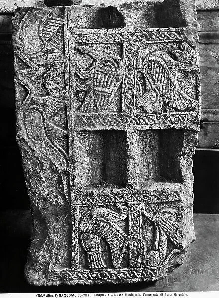 Stone fragment from an architectural element, dating to the Orientalizing Period, sculpted in relief with fantastic animals; in the National Museum of Tarquinia, in Tarquinia