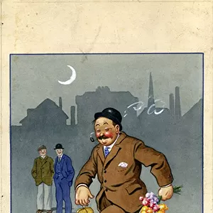 Comic postcard, Drunken man with parcel and bunch of flowers in the moonlight Date