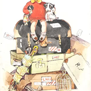 Comic postcard, Little girl with her dog and doll, sitting on a large pile of luggage