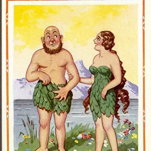 Comic postcard, Primitive couple in fig leaves