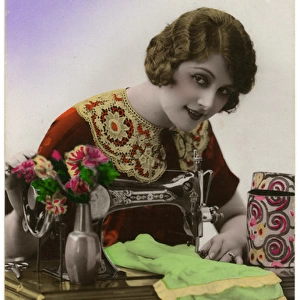 French woman using a sewing machine