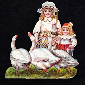 Two girls and three geese on a cutout greetings card
