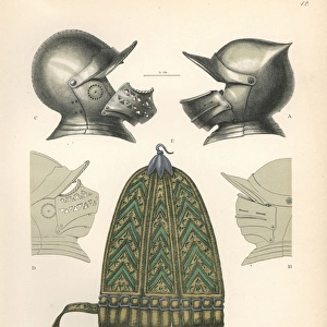 Helmets with vizors and sword-clasp in brown