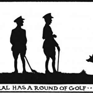 People on a golf course, with horses and a dog