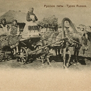 Three Russian peasant women and their horse-drawn wagon