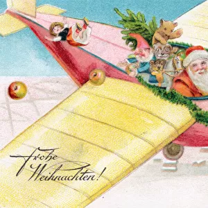 Santa Claus in a plane on a German Christmas postcard
