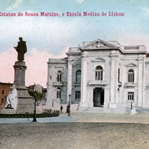Statue of Sousa Martins and Medical School, Lisbon, Portugal