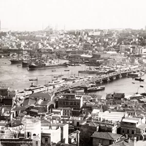 View of Istlanbul, Galata bridge shipping, Turkey, c. 1890