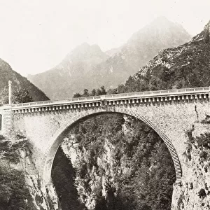 Vintage 19th century photograph - The Napoleon bridge, Luz Saint Sauveur, Hautes Pyrenees