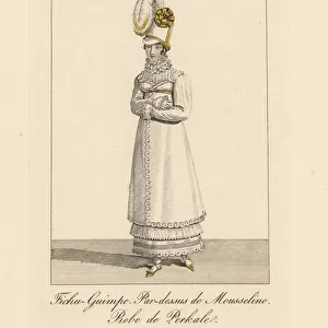 Woman in muslin dress with fichu wimple, and perkale skirt