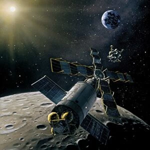 Artwork of lunar lander docking with space station