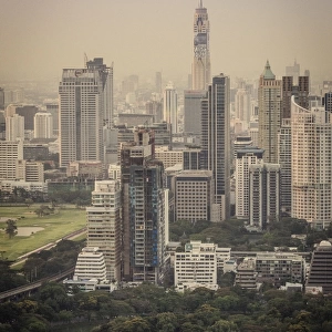 Bangkok skyline, including Baiyoke Tower II (304m) and Lumphini Park, Bangkok, Thailand