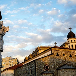 Column and Orthodox church in Skopje, Republic of Macedonia, Europe