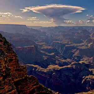 Panorama of the Grand Canyon just east of Zuni Point on the south rim with haze