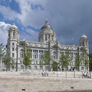 The Port of Liverpool Building, one of the Three Graces, as seen from the new Leeds Liverpool Canal link, Liverpool, Merseyside, England, United