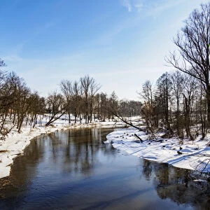 River Wieprz at winter time, elevated view, Serniki, Lublin Voivodeship, Poland, Europe
