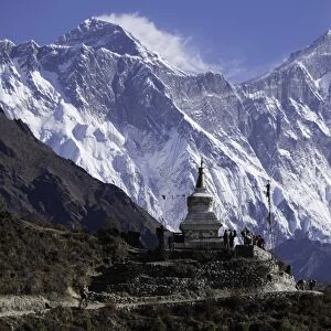 Tenzing Norgye Memorial Stupa with Mount Everest in the background on the right
