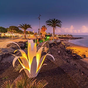 View of Playa Grande at dusk, Puerto Carmen, Lanzarote, Las Palmas, Canary Islands, Spain, Atlantic, Europe