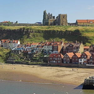 Whitby abbey, sandy beach and harbour, Whitby, North Yorkshire, Yorkshire