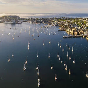 Aerial view of Falmouth and the Penryn River, Flushing, Cornwall, England. Spring (May) 2023