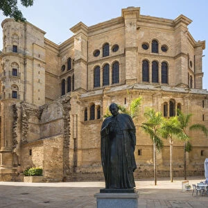 Cathedral with statue of Pope John Paul II, Malaga, Costa del Sol, Andalusia, Spain