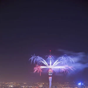 Fireworks on Sky Tower on New Years Eve, Auckland, North Island, New Zealand