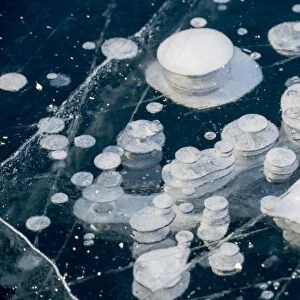 Frozen gas bubbles trapped in the ice. Silvaplana Lake, Silvaplana, Engadin, Graubunden