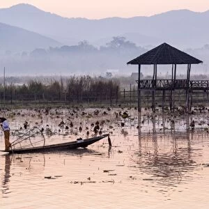 Leg-rowing fisherman of Inle Lake in the morning mist, Shan State, Myanmar