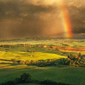 Podere Belvedere after a storm with rainbow, Val d Orcia, Tuscany, Italy