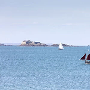 Sailing boats and fort, St. Malo, Ille et Vilaine, Brittany, France