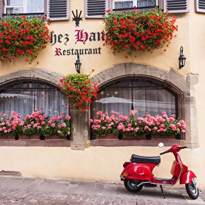 A traditional restaurant in the old town of Colmar, Alsatian Wine Route, France