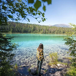 Woman admiring Second lake at Valley of Five Lakes, Jasper, Canadian Rockies, Canada