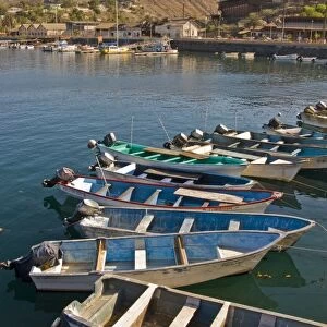 Mexican fishing boats called pangas in the port town of Santa Rosalia, Baja California Sur, on the Baja Peninsula