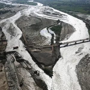 Aerial view of a collapsed road after a massive landslide and flood in Trujillo