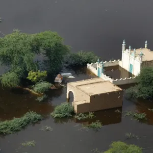 An aerial view of the flooded compound of a mosque in Pakistans Jafarabad district in An aerial view of the flooded compound of a mosque in Pakistans Jafarabad district in