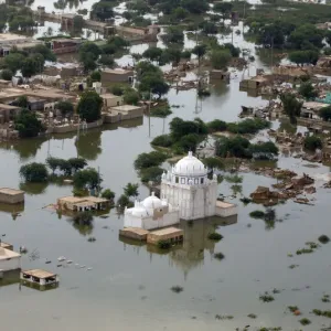 An aerial view of the flooded Jafarabad district in Baluchistan province An aerial view of the flooded Jafarabad district in Baluchistan province