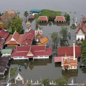 An aerial view of a flooded temple in Pathum Thani province An aerial view of a flooded temple in Pathum Thani province