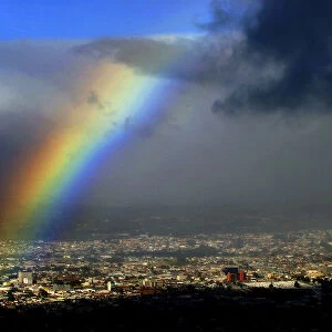 An aerial view of rainbow above San Jose City