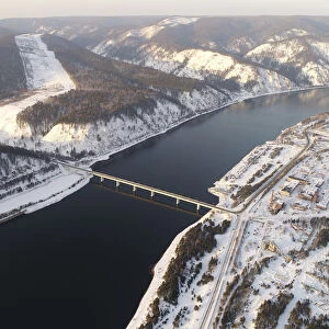 An aerial view shows a bridge of the R257 federal highway across the Yenisei River