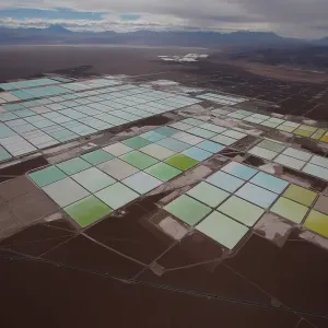 An aerial view shows the brine pools of SQM lithium mine on the Atacama salt flat in An aerial view shows the brine pools of SQM lithium mine on the Atacama salt flat in