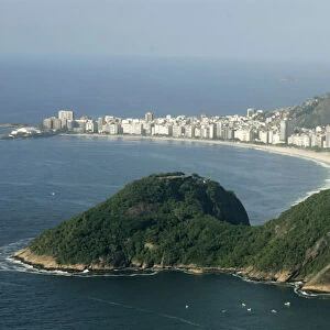 An aerial view shows Copacabana beach in Rio de Janeiro