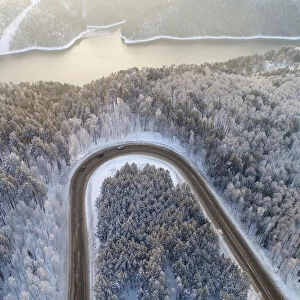 An aerial view shows a road on the banks of the Yenisei River, outside city of Krasnoyarsk