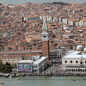 An aerial view shows St. Mark square and Venice lagoon