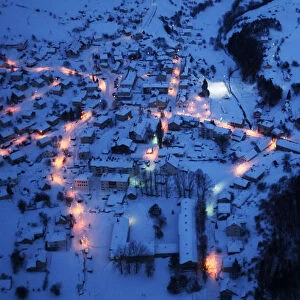 An aerial view of the small eastern city of Kalinovik covered by snow during winter at