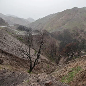 An area of La Tuna Canyon Road where a section of the hillside near the road fell