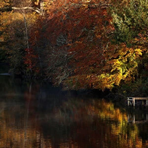 Autumnal foliage is reflected on Loch Faskally, Pitlochry, Scotland