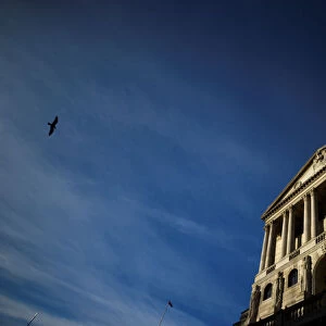 A bird flies past The Bank of England in the City of London