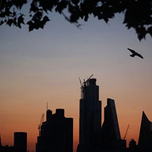 A bird flies as the sun rises behind the city of London financial district in London