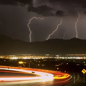 Bolts of lightning and vehicles on Interstate 215 light up northwest Las Vegas Bolts of lightning and vehicles on Interstate 215 light up northwest Las Vegas