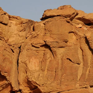 A camel sculpture carved on a rock is seen in Al-Jouf